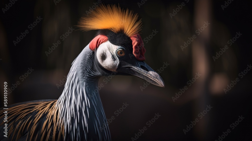 A beautiful close-up of an African crowned crane. Generative AI