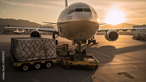 Loading of goods on board a cargo plane, airport, ai generative