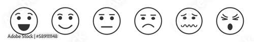 Set of emoji faces with different positive and negative emotions. Happy, smiling, sad, confounded, angry, depressed face expression icons isolated on white background. Vector graphic illustration