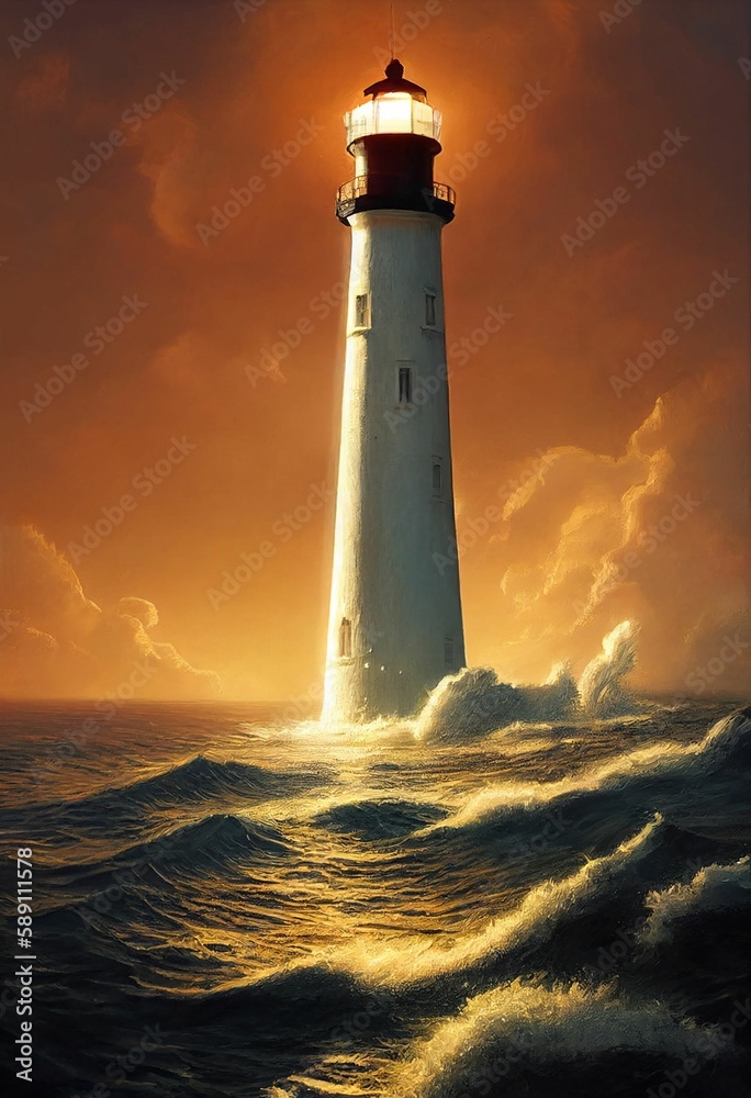 Lighthouse in stormy sea. Beautiful artwork.
