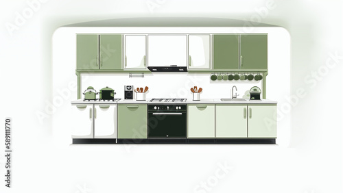 front view illustration of household kitchen with sink and furniture, generative AI 