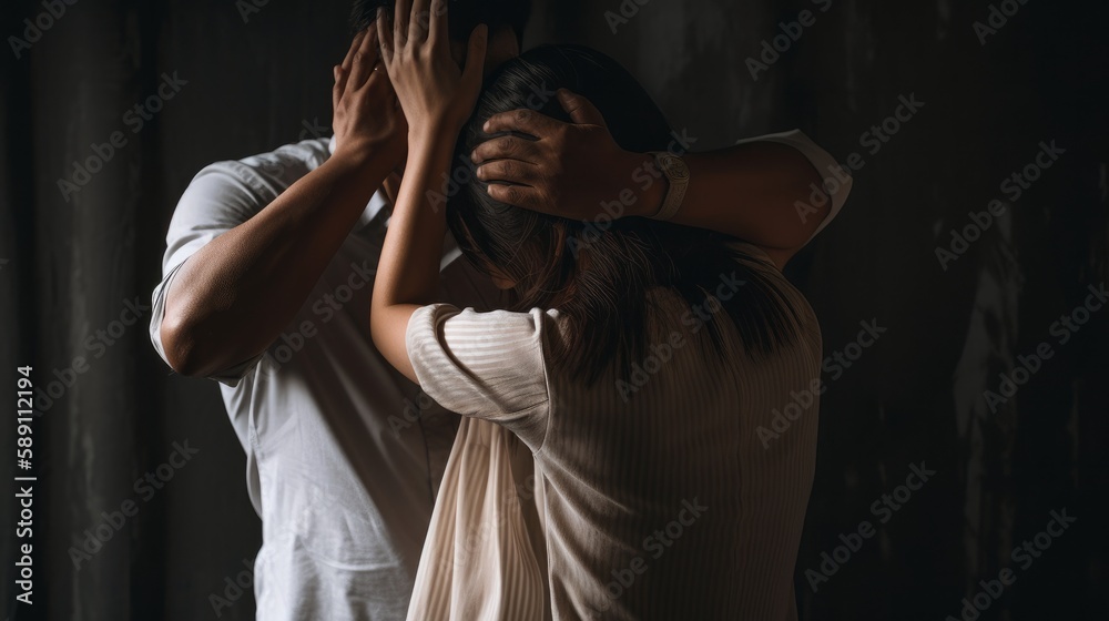 Couple at home. Handsome young man is calming his upset crying wife. AI generative Couple at home. Handsome young man is calming his upset crying wife. AI generative