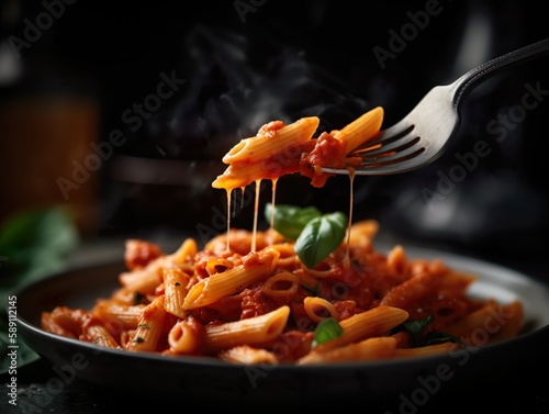 Fiery Penne Arrabiata: Close-up of Delicious Penne Pasta with Spicy Tomato Sauce, Garlic, Chili, and Olive Oil, Generative AI
