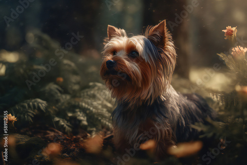Yorkshire dog in the fantasty forest created with Generative AI technology © viet