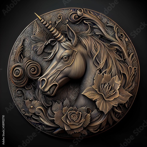 3D illustration of a unicorn with metallic details for a T-shirt design logo