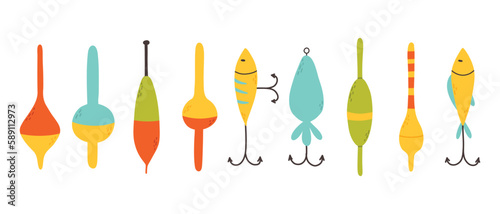 Set of elements for fishing.Collection of tackle and lures for fishing. Vector illustration. Flat style. Bright set for summer fishing.