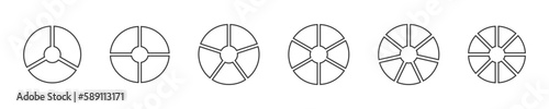 Pizza, donut or pie chart templates. Circle divided on 3, 4, 5, 6, 7, 8 equal slices. Wheel diagrams with three, four, five, six, seven, eight sectors. Vector graphic illustration