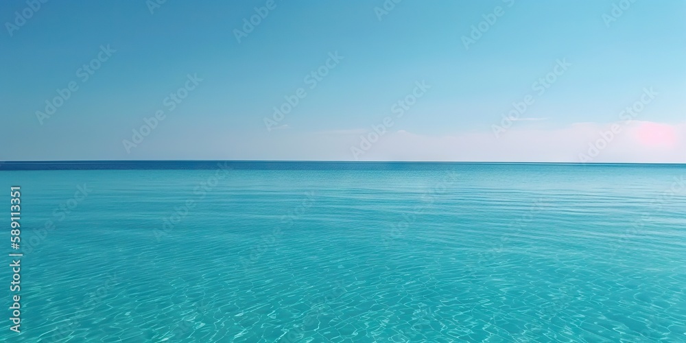 Panorama landscape of empty tropical turquoise sea and sky blue background. Generative AI