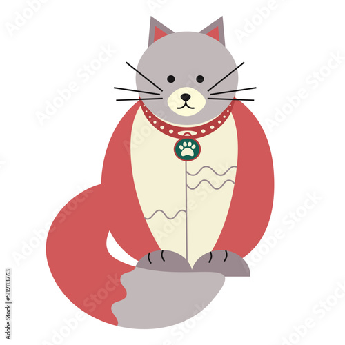 Cute funny cat with locket collar. Flat vector illustration.