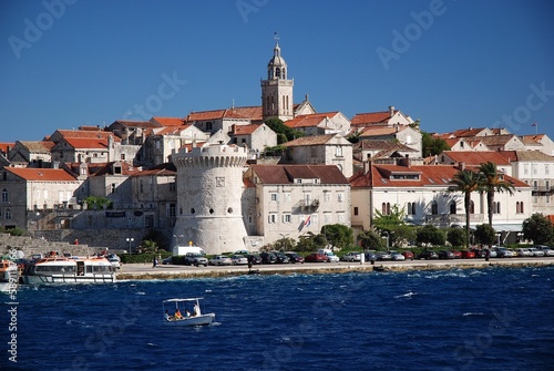 Blue sky over the coastal town with a harbor