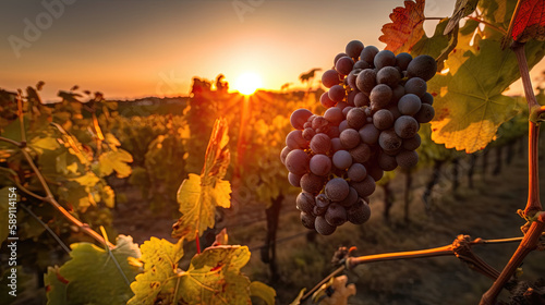 AI generated Ripe grapes on vineyard at sunset