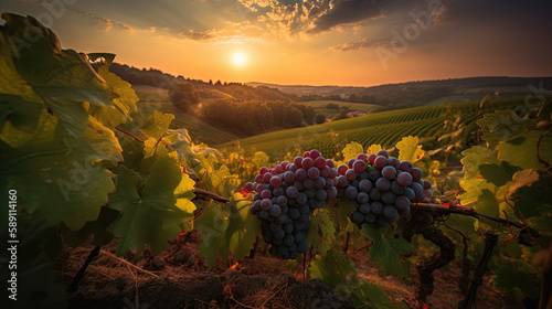 AI generated Ripe grapes on vineyard at sunset