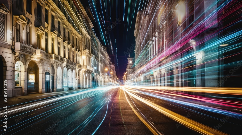 Abstract long exposure photographs of a city in dynamic speed light trails. Generative AI