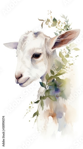 Floral flourish, watercolor paintings of goat with blossom embellishments, generative ai