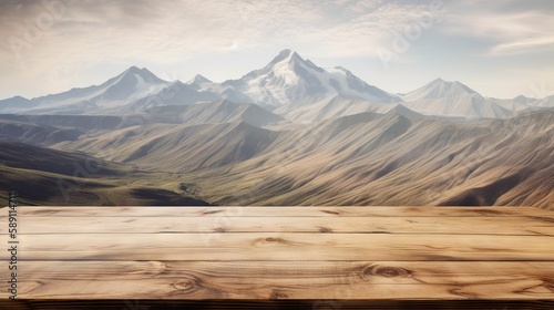 Wood table mockup with high mountains on background. Empty copy space for product presentation. Generative AI