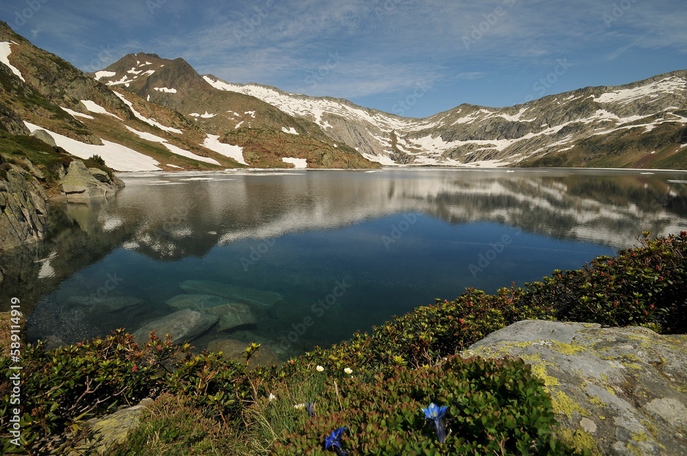 Beautiful view of a serene lake surrounded by snowy fields and mountains in the Catalan Pyrenees