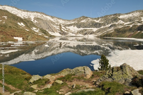 Beautiful view of a serene lake surrounded by snowy fields and mountains in the Catalan Pyrenees