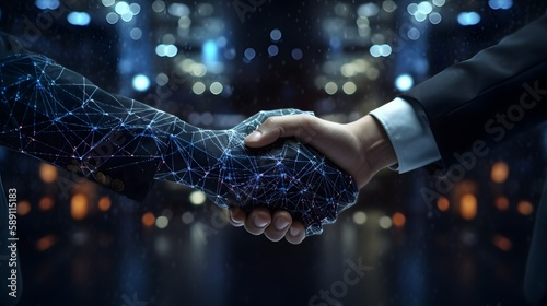 AI handshake with a businessman, neural network, office, commerce, marketing, generative AI