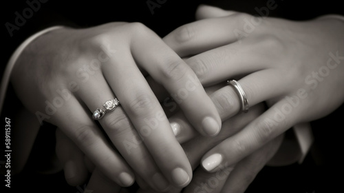 Wedding rings and hands. Generative AI photo