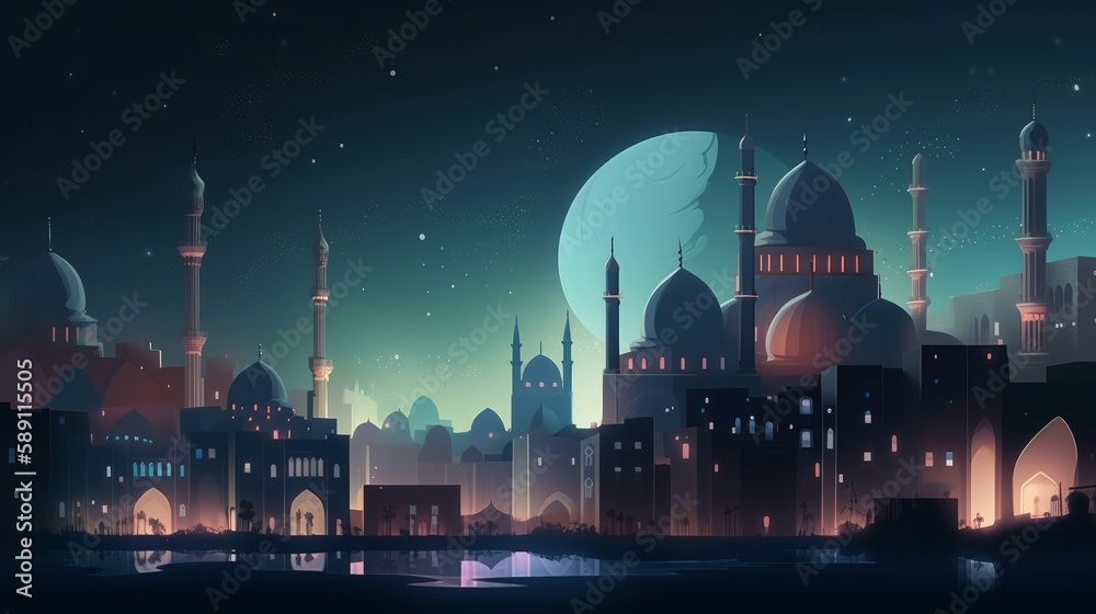 Arabic night city. AI generative