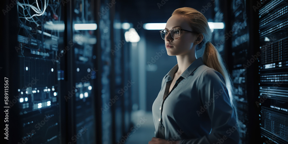 Fototapeta premium Female IT Expert Ensuring High-Tech Data Center Efficiency. Generative AI