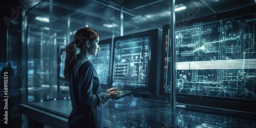 Female IT Expert Ensuring High-Tech Data Center Efficiency. Generative AI