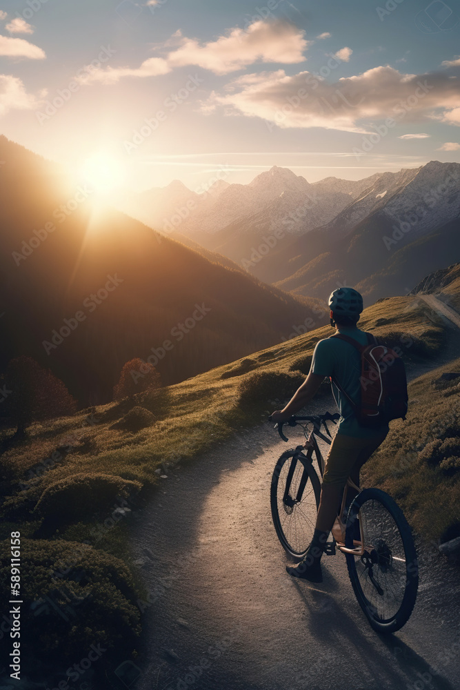 Fototapeta premium Bicyclist solo travel in a beautiful mountain road, sunset, Cyclist pedaling on a racing bike outdoors, AI Generative.