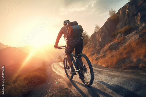 Bicyclist solo travel in a beautiful mountain road, sunset, Cyclist pedaling on a racing bike outdoors, AI Generative.