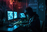 a cyberpunk hacking the internet in a darkroom, generative Ai