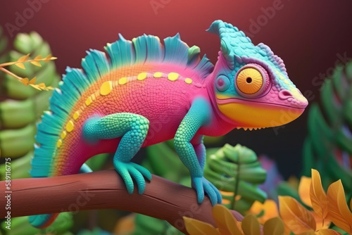 colorful Cute Cartoon Chameleon on branch, generative Ai © Kien