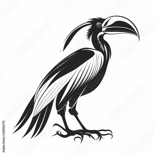Hornbill Black and White, Isolated White Background. Generative AI