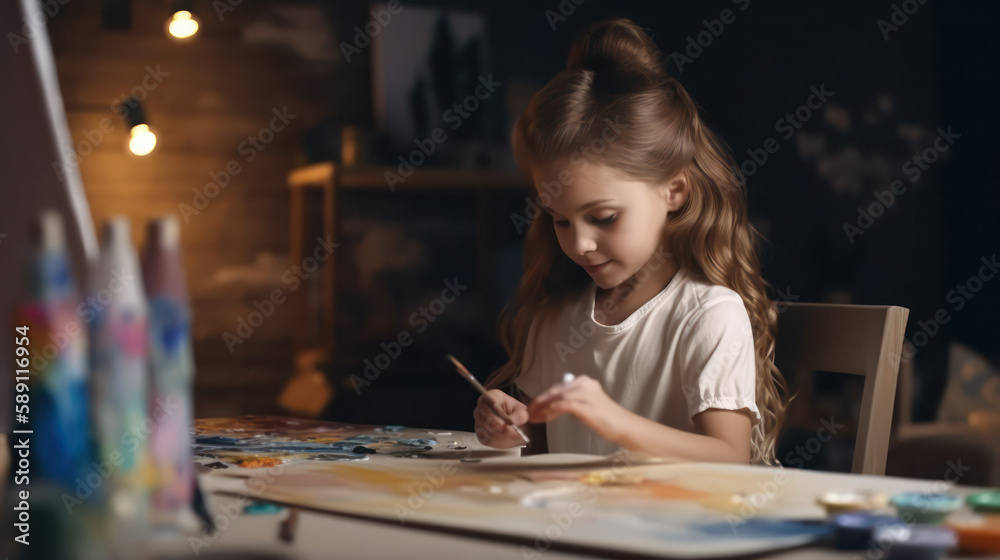 a happy girl smiles next to an easel and paints. is engaged in drawing in an art class.concept of education and creativity. a happy girl smiles next to an easel and paints. is engaged in drawing in an art class.concept of education and creativity.