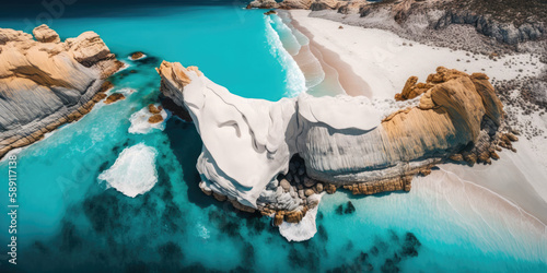 Drone overhead image of Sarakiniko Beach in Greece's Milos Island, which has white rock formations and cliffs encircled by blue seas in the Aegean Sea, generative AI photo