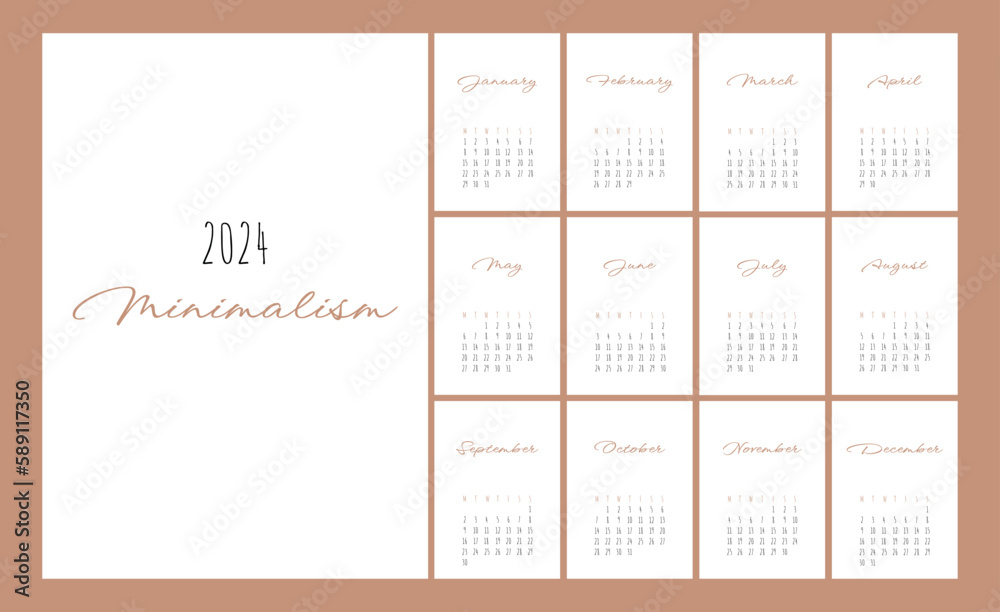 Calendar 2024 Trendy Minimalist Style. Set of 12 pages desk calendar