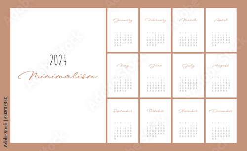 Calendar 2024 Trendy Minimalist Style. Set of 12 pages desk calendar. 2024 minimal calendar planner design for printing template. vector illustration