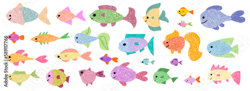 Children s drawing. Collection of colored fish.