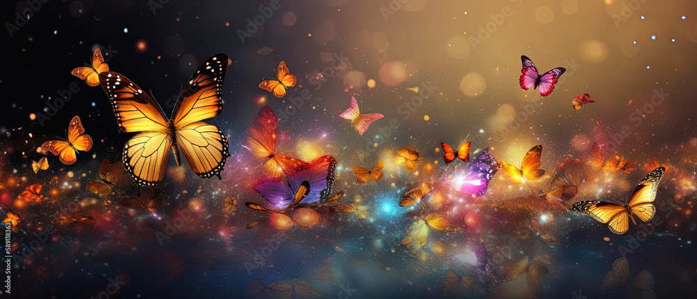 Concept of fantasy world. Flying butterflies in a fantasy world