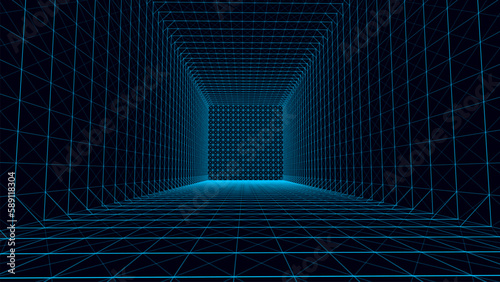 3D empty wireframe room. Virtual surface in cyberspace with grid. Futuristic digital perspective box. Vector technology mesh studio.