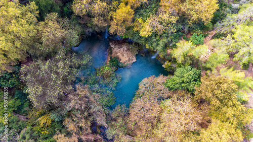 Aerial view of Antalya Kursunlu waterfall with drone.