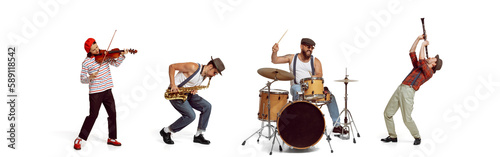 Collage with group of people, musicians playing on different instruments passionately over white background. Banner photo