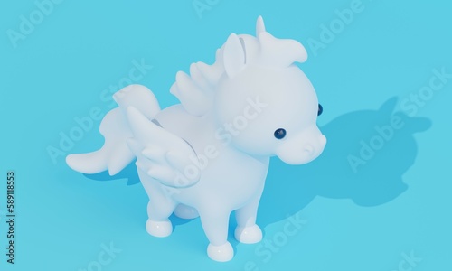 Cute white Pegasus on a blue background. 3d rendering