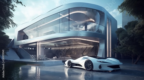 Bask in Opulence: Experience Luxury in a Bionic House with a Bright-Light Supercar Outdoors - for Ultimate Transportation and Style, Generative AI