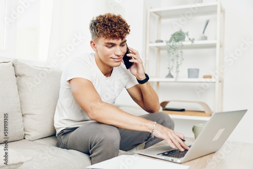 man interior couch laptop mockup modern smile online cell communication