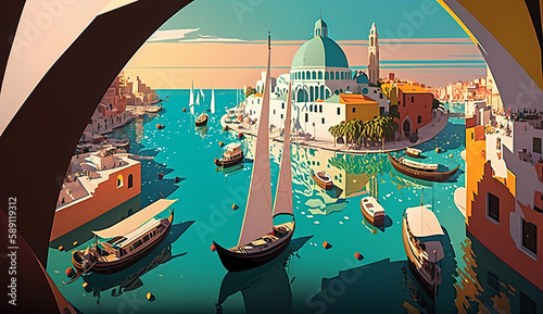 Illustration of the beautiful city of Venice. City of gondoliers, bridges, carnivals and love. Italy