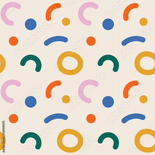 Naive seamless pattern with crazy colorful doodle lines on beige background. Creative minimalistic trendy cover design for kids. Simple childish scribble backdrop. Memphis style vector illustration
