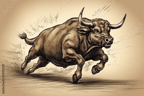 bull run drawing, dust, raging, Generative AI, Generative, AI
