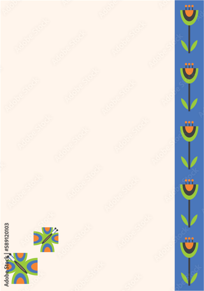 The concept of a decorative background in a minimalist style for a menu background, price list. Geometric vertical ornament with stylized butterflies and bells. Illustration in flat graphic style.