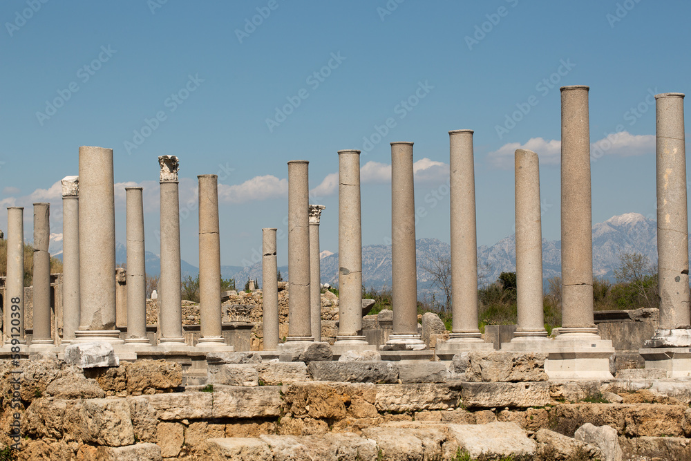 Rows of columns in Perge, Antalya, Turkey. Remains of colonnaded street in Pamphylian ancient city.
Scenic ruins of the agora in Perge (Perga).