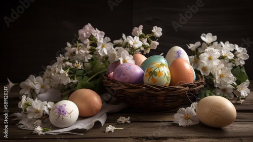 Easter eggs and flowers. AI generative.
