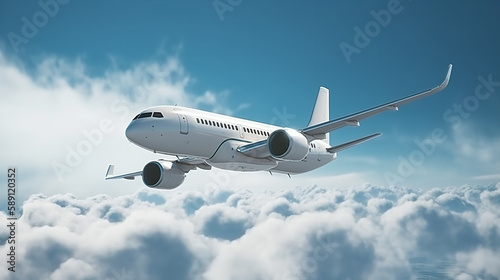 Flying  white plane against a blue sky with white clouds. Side view. The concept of tourism  flights  vacations